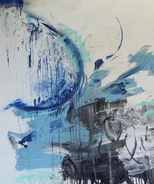 White blue and black abstract art streaks with paint splatters 