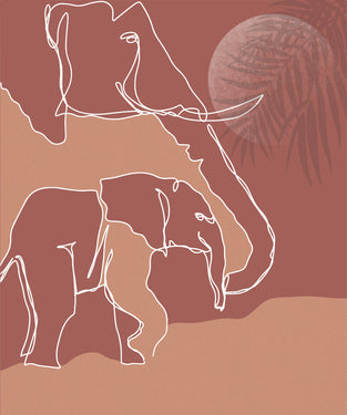 Beige and red solid background with white line art of two elephants 