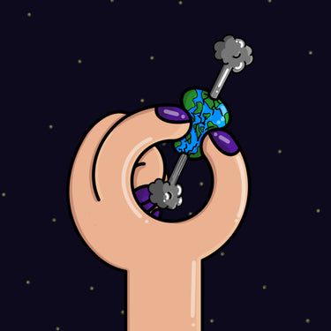 Black canvas and cartoon style hand impaling Earth 