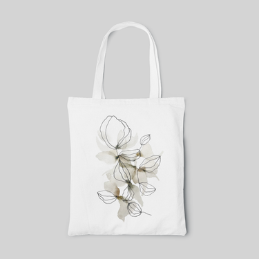 a abstract, minimalist tote bag with watercolour leaves and marker leaves lines, front side