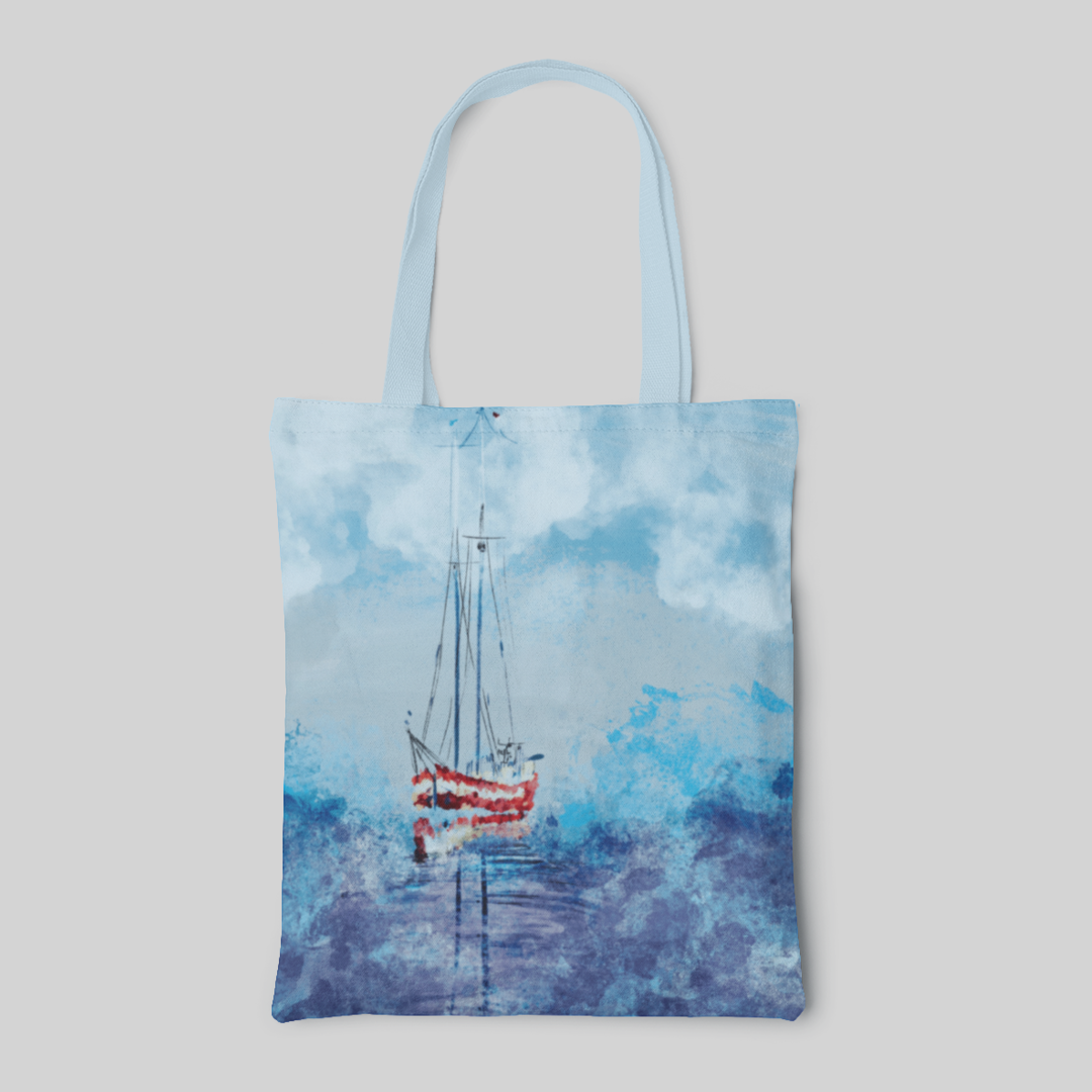 abstract designed light blue tote bag with a red ship sailing on the sea, front side