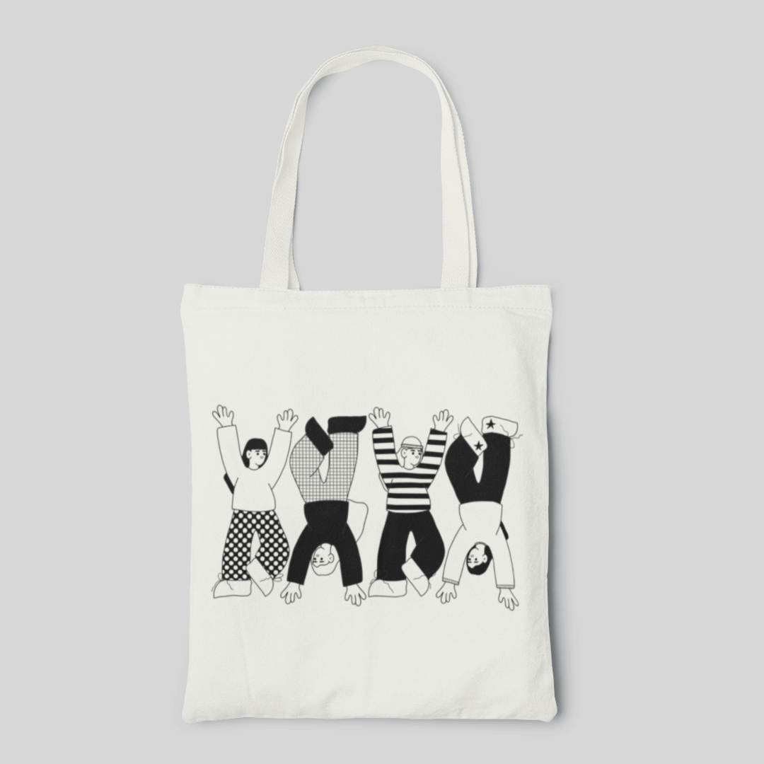 White designed tote bag with four monochrome people illustration, party vibe, hands in the air, front side