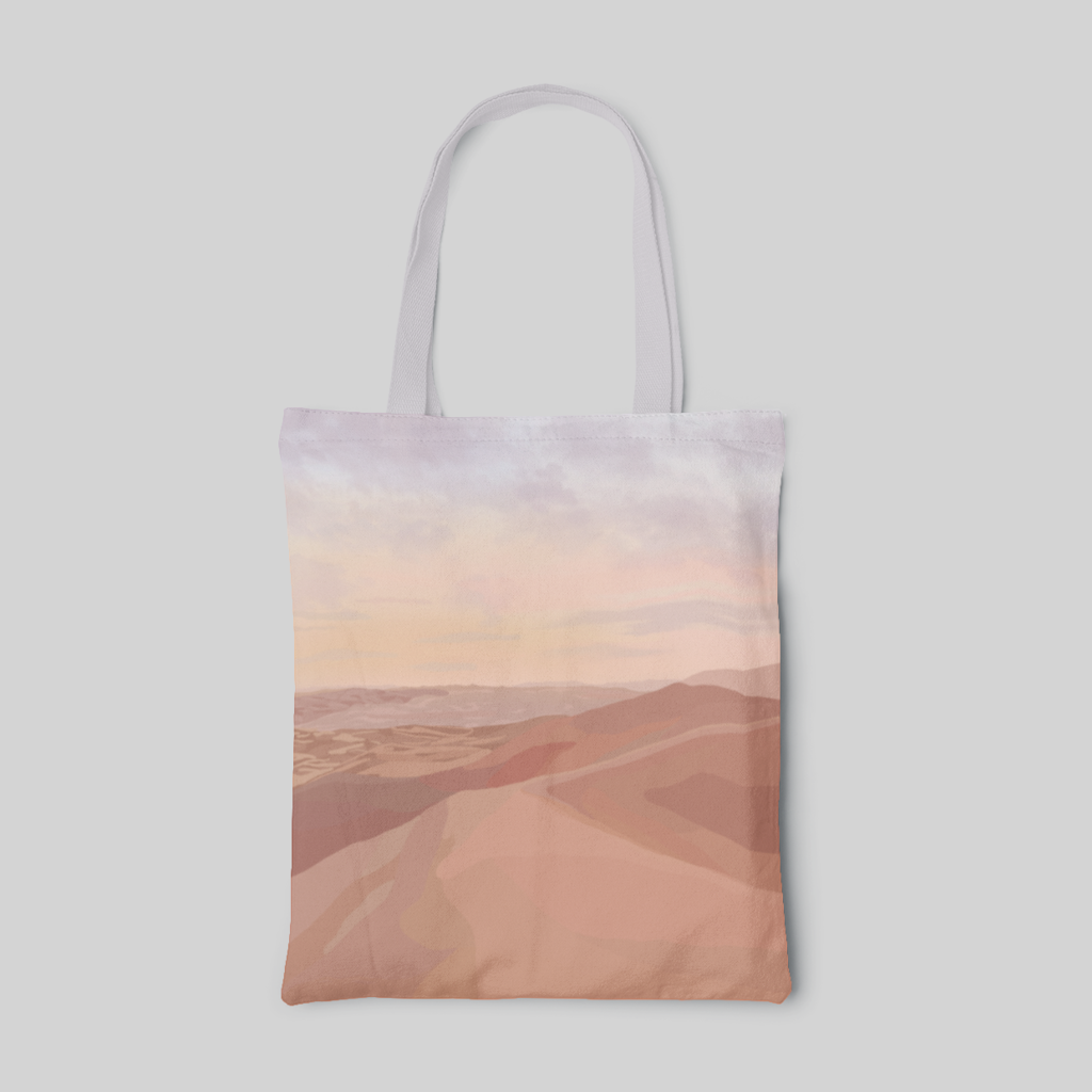 minimalist designed tote bag with simple beige desert print, front side