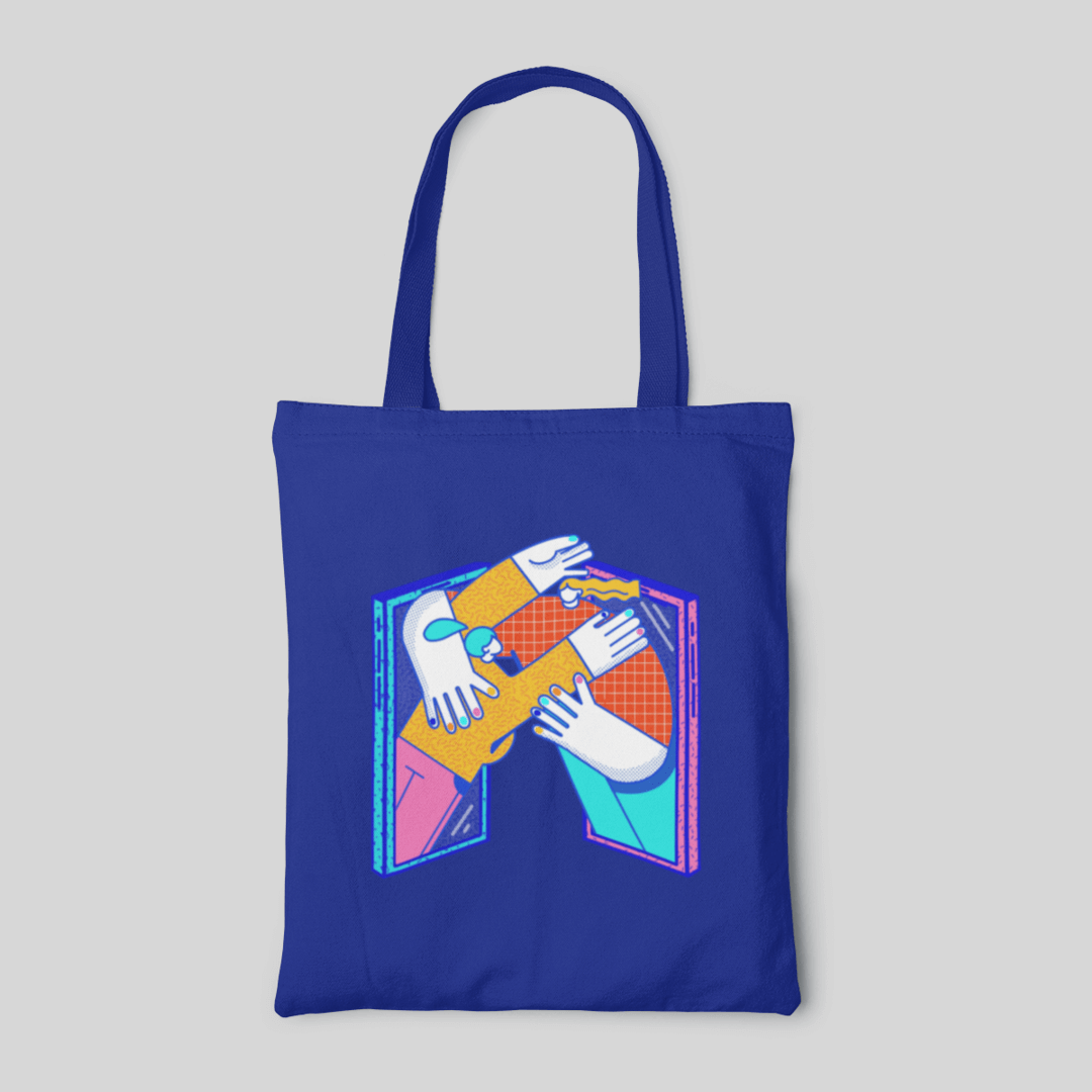minimalist designed blue tote bag with two girls trying to hug each other from the smartphone in vivid colour, front side