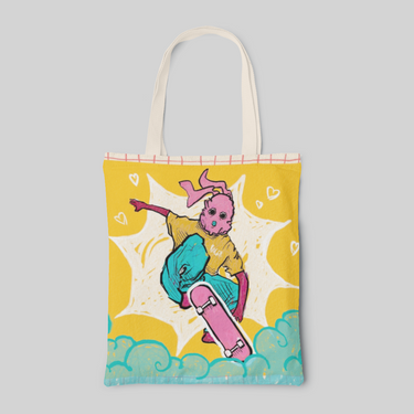 Yellow lowbrow designed tote bag with blue smoke and pink skater in a yellow shirt, front side
