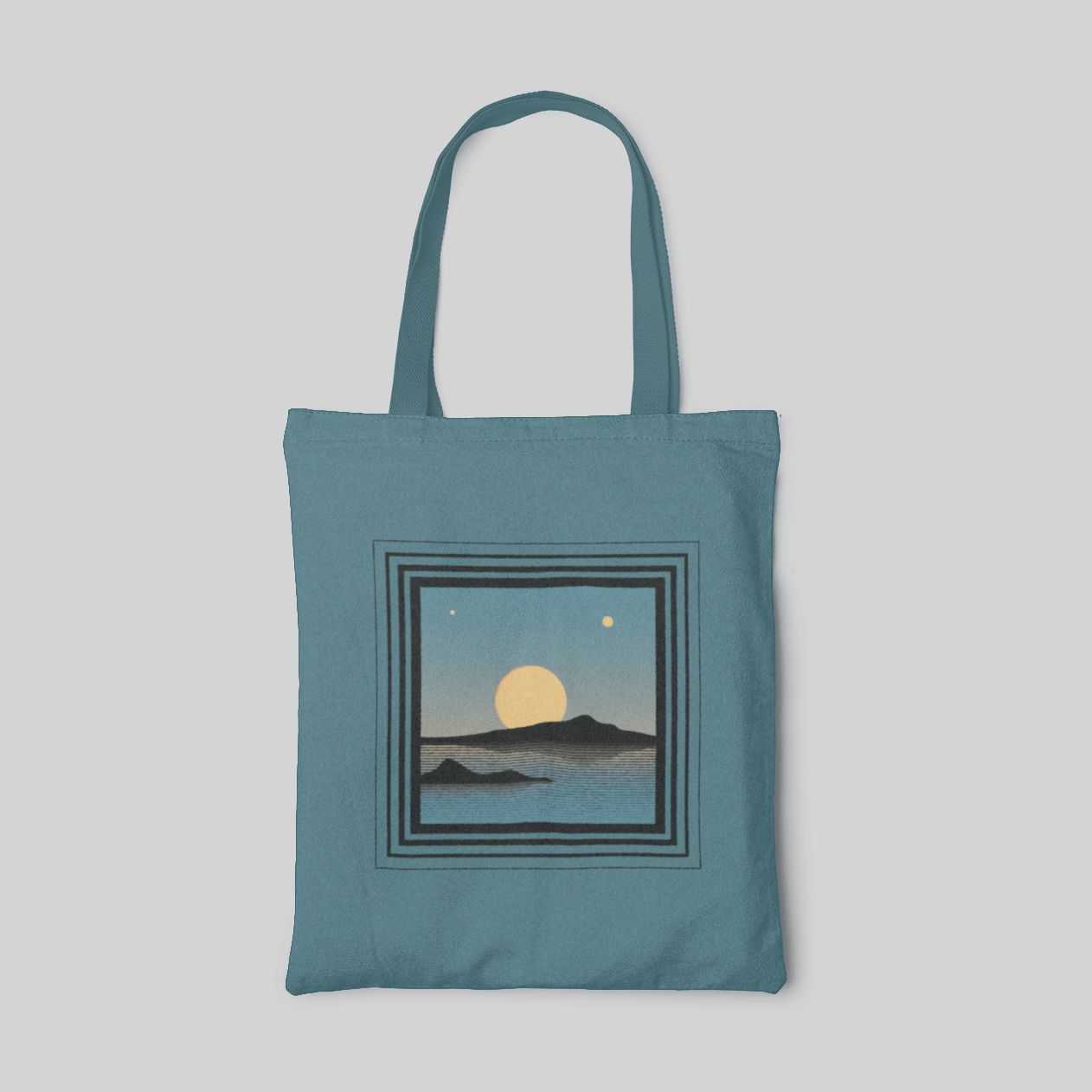 nature theme designed tote bag with greenish blue base and sunset inside 4 square frames, front side