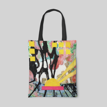 lowbrow designed tote bag with red, yellow, green, blue and monochrome abstract colour blocks, front side