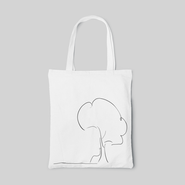 White line art designed tote bag with simple line drawing of a human next to the tree, front side