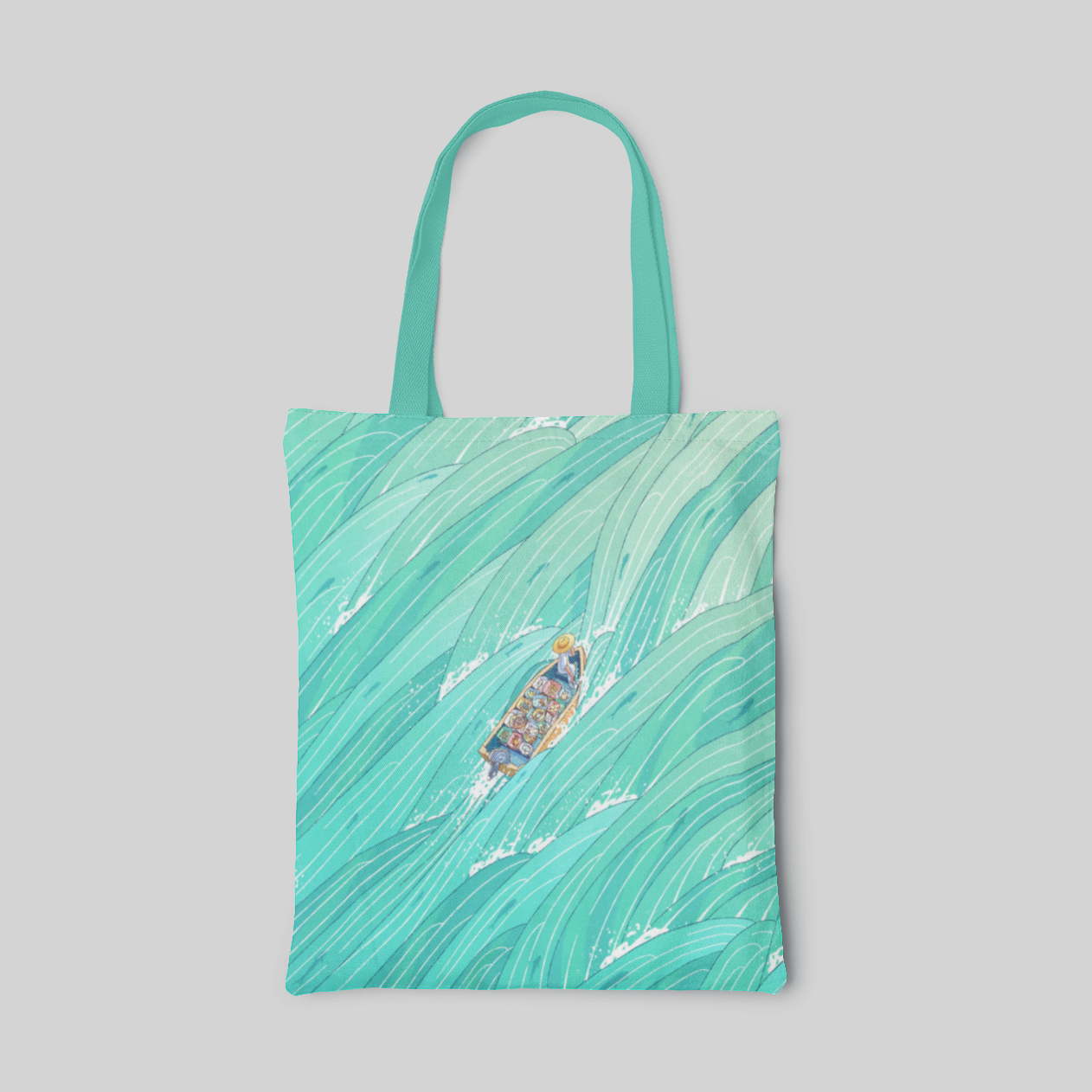 Tiffany green designed tote bag with fish boat sailing on the sea, front side
