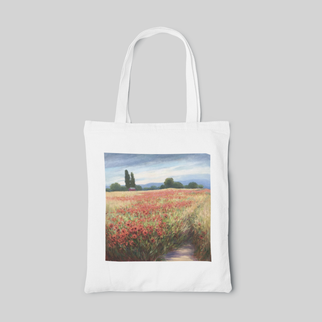 White designed tote bag with poppy field landscape oil painting, front side