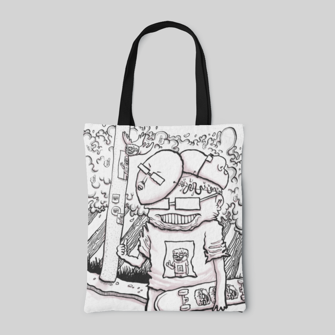 lowbrow designed monochrome tote bag with black handles and line drawing of kid in mask with skateboard, front side