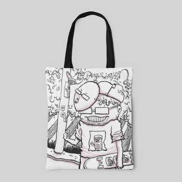 lowbrow designed monochrome tote bag with black handles and line drawing of kid in mask with skateboard, front side