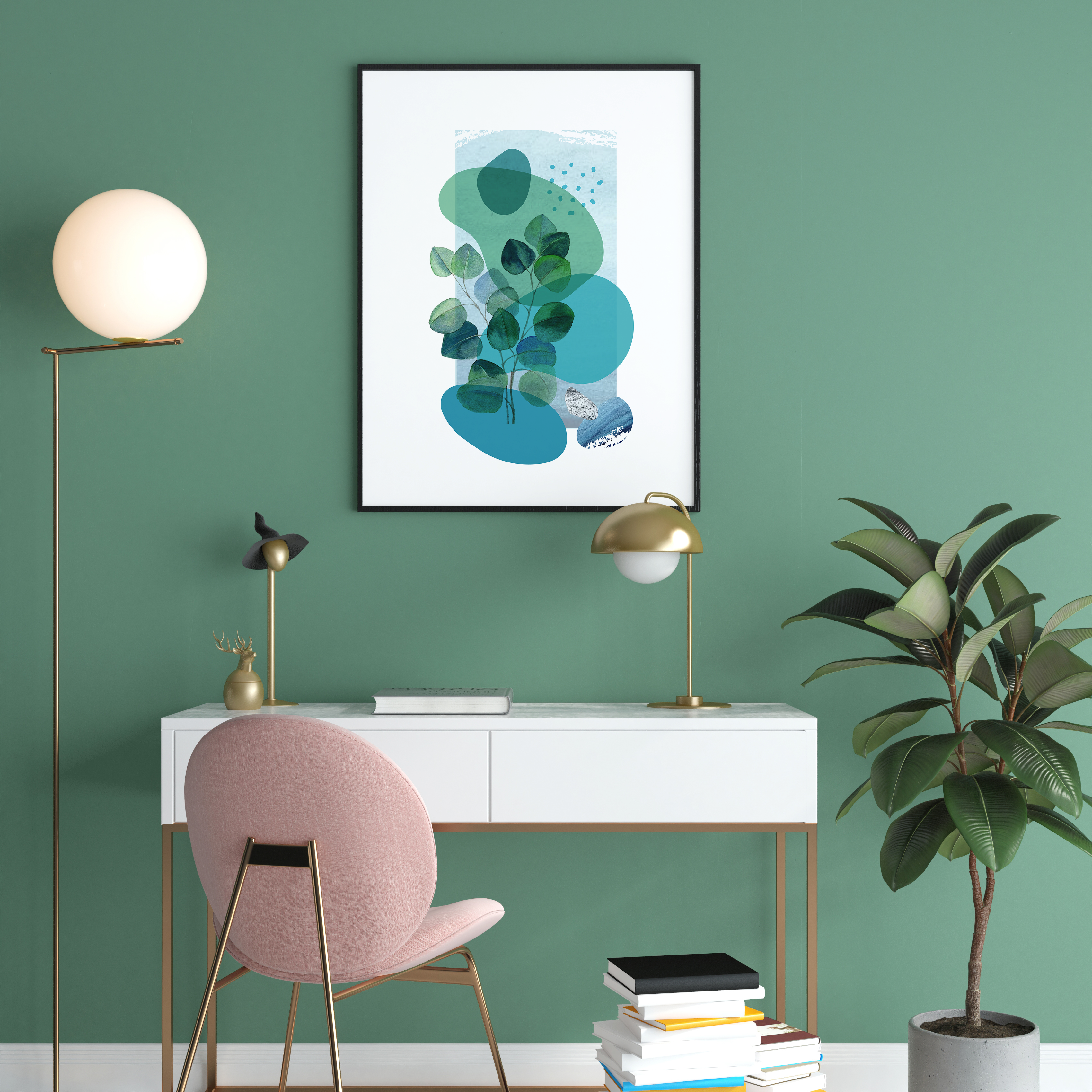 White background with green and blue abstract translucent art 