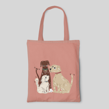 Pink tote bag with three dogs in brown golden and white 