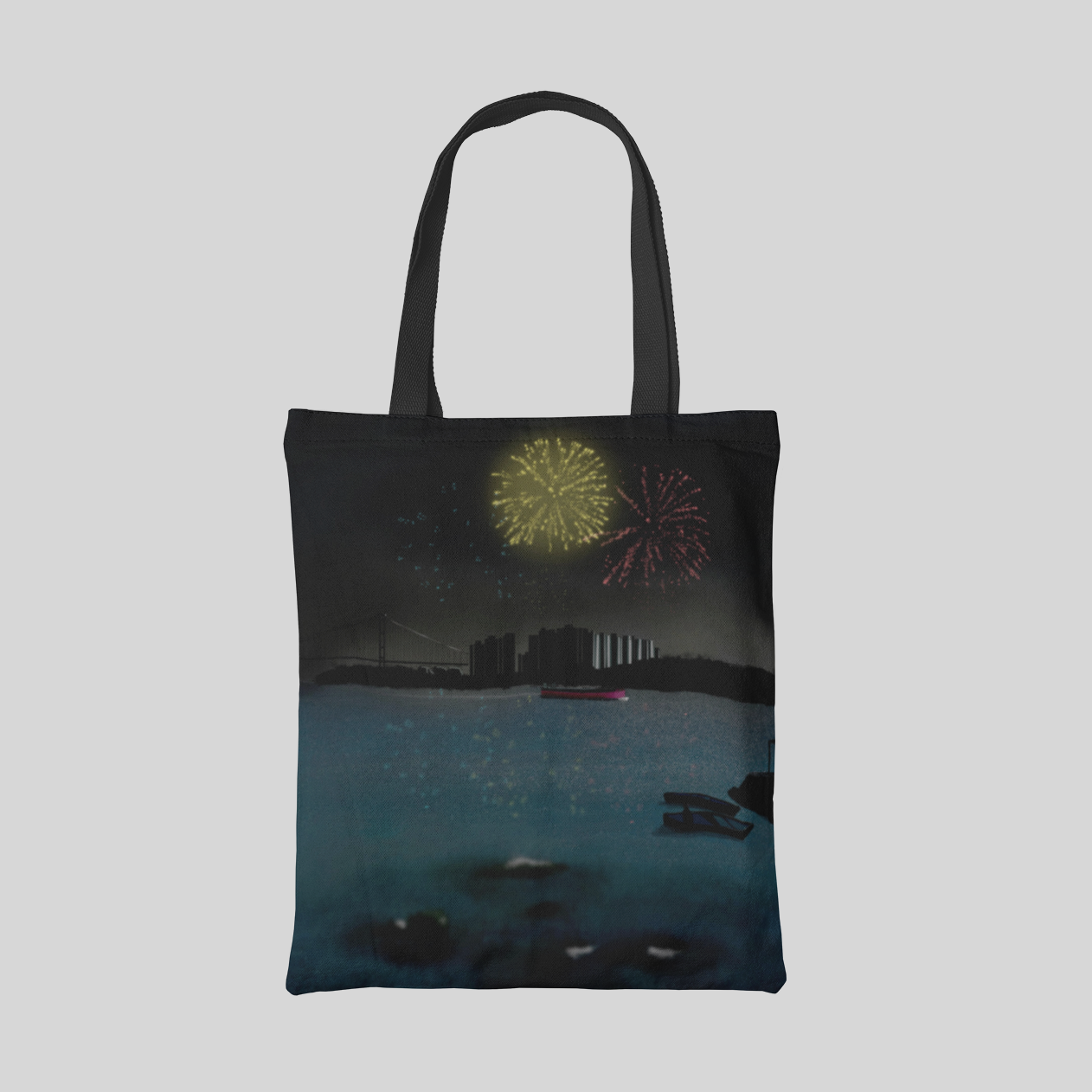urban designed tote bag with HK harbour landscape and fireworks illustration, front side