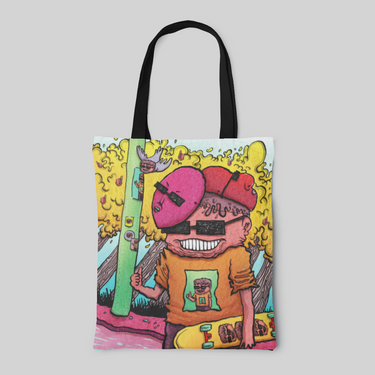 lowbrow designed tote bag with black handles and bold coloured kid in mask with skateboard, front side