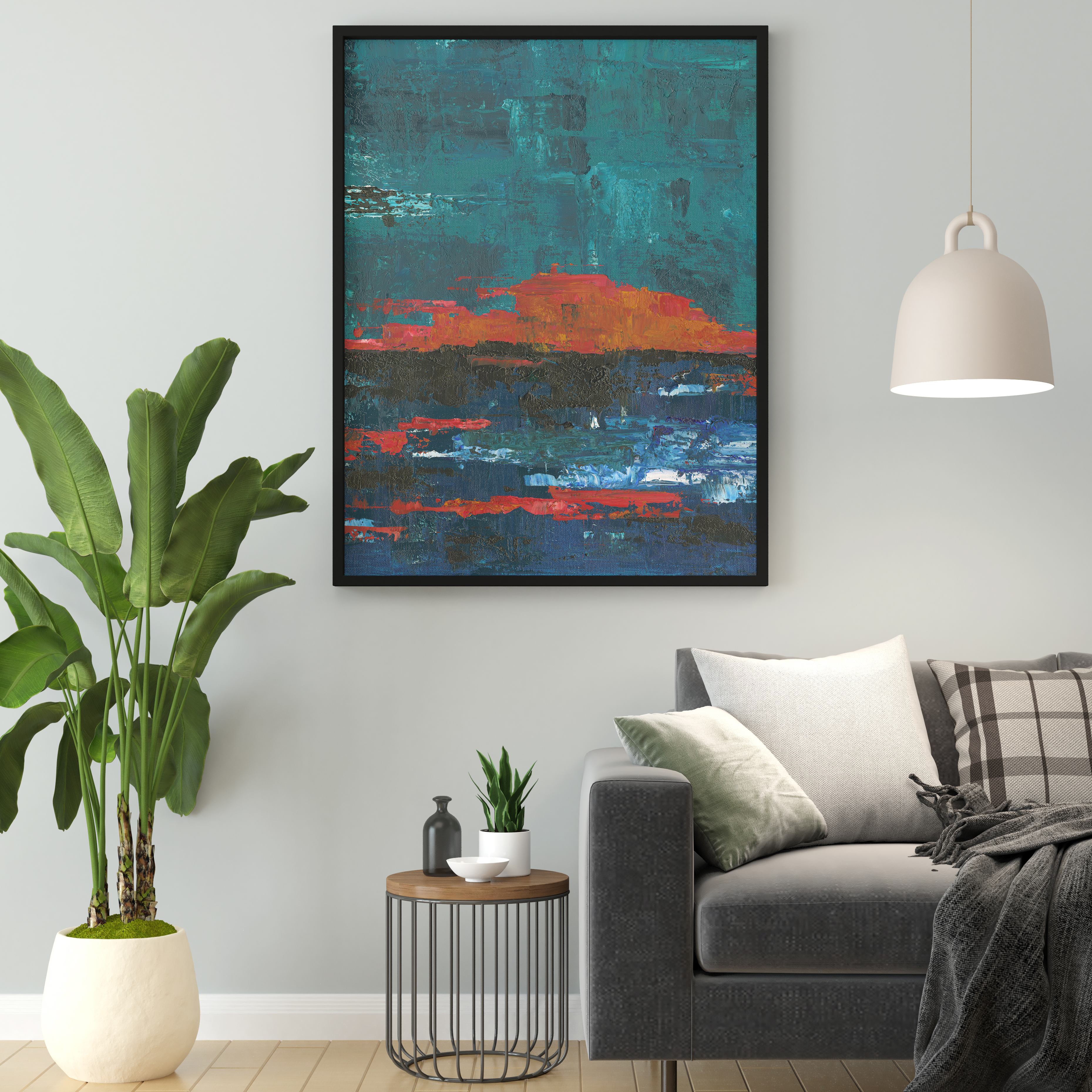 Blue orange and dark blue abstract painting