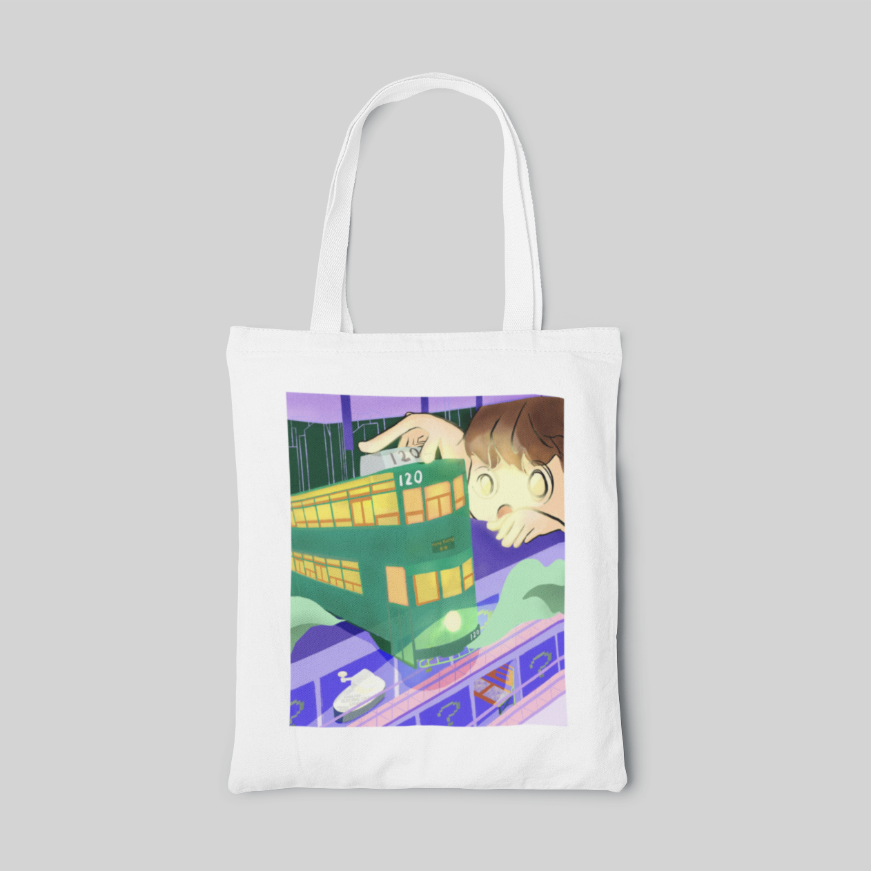 urban white designed tote bag with a girl touching the tram No.120 in a purple and green background, front side