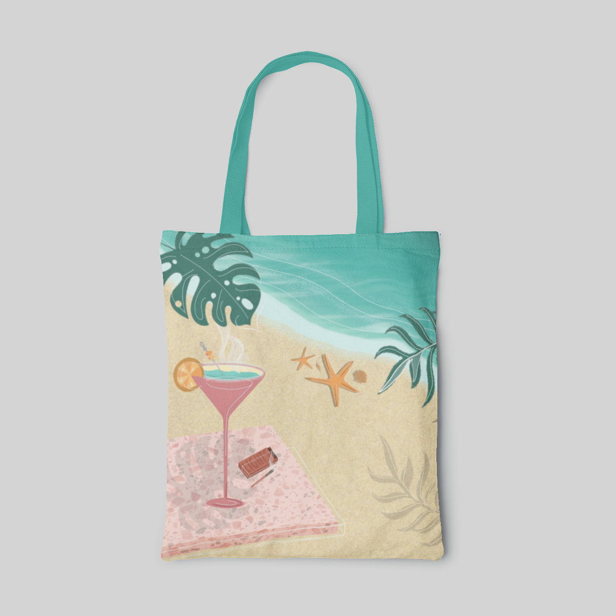 nature design tote bag with beach illustration print, martini glass and a burning match on a pink mat, front side