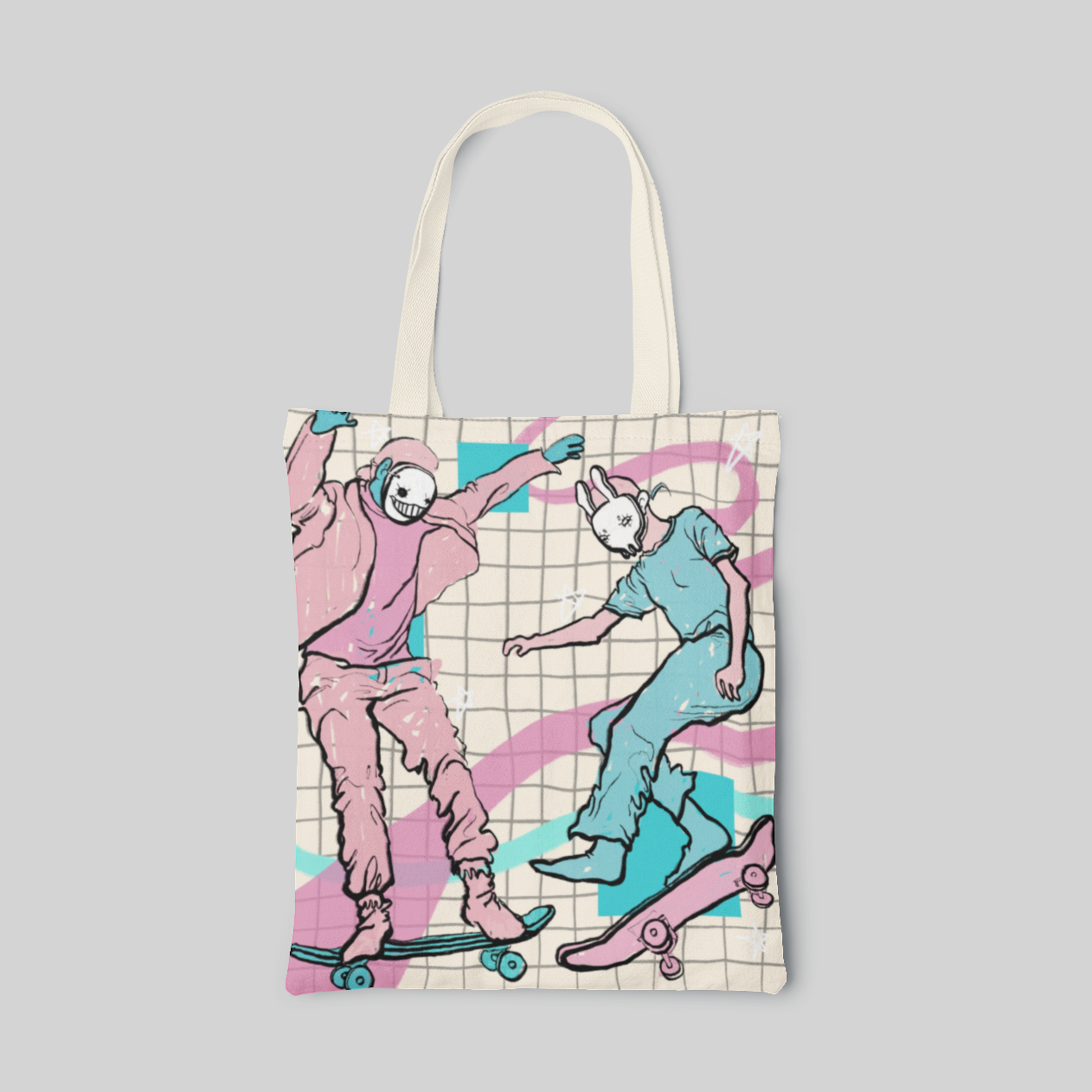 Skater themed lowbrow designed tote bag with inner pockets, front side