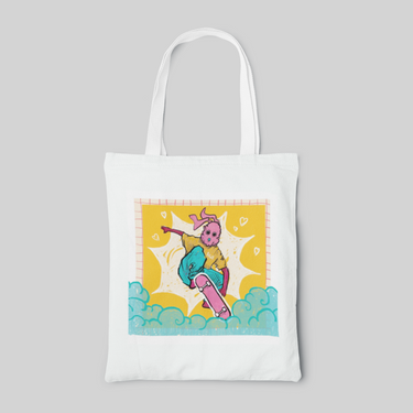 White lowbrow designed tote bag with blue smoke and pink skater in a yellow shirt on a picture print, front side