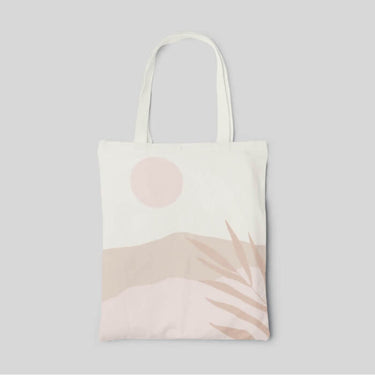 Beige themed minimalist designed tote bag with leaf and sunrise, front side