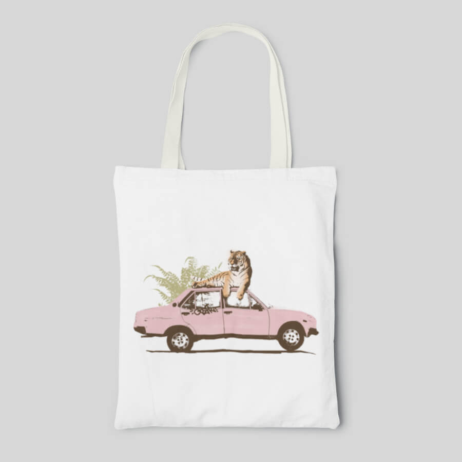 White designed tote bag with tiger on pink car, front side
