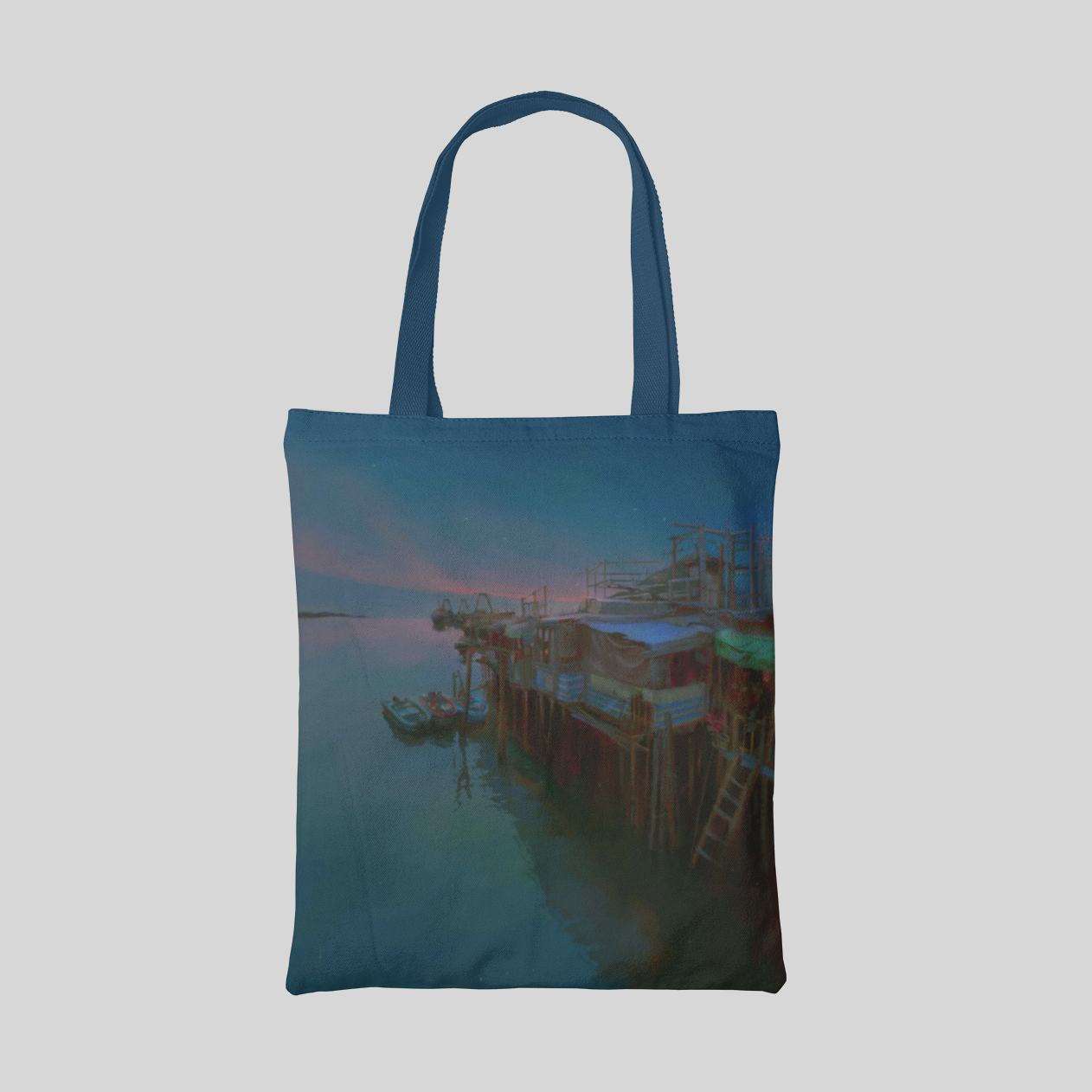 blue nature designed tote bag with stilt houses on water and sunset landscape in Tai O, front side