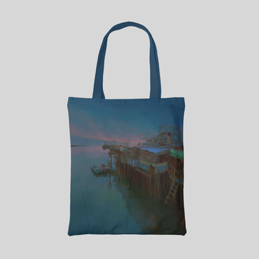 Tote bag with floating house on water landscape