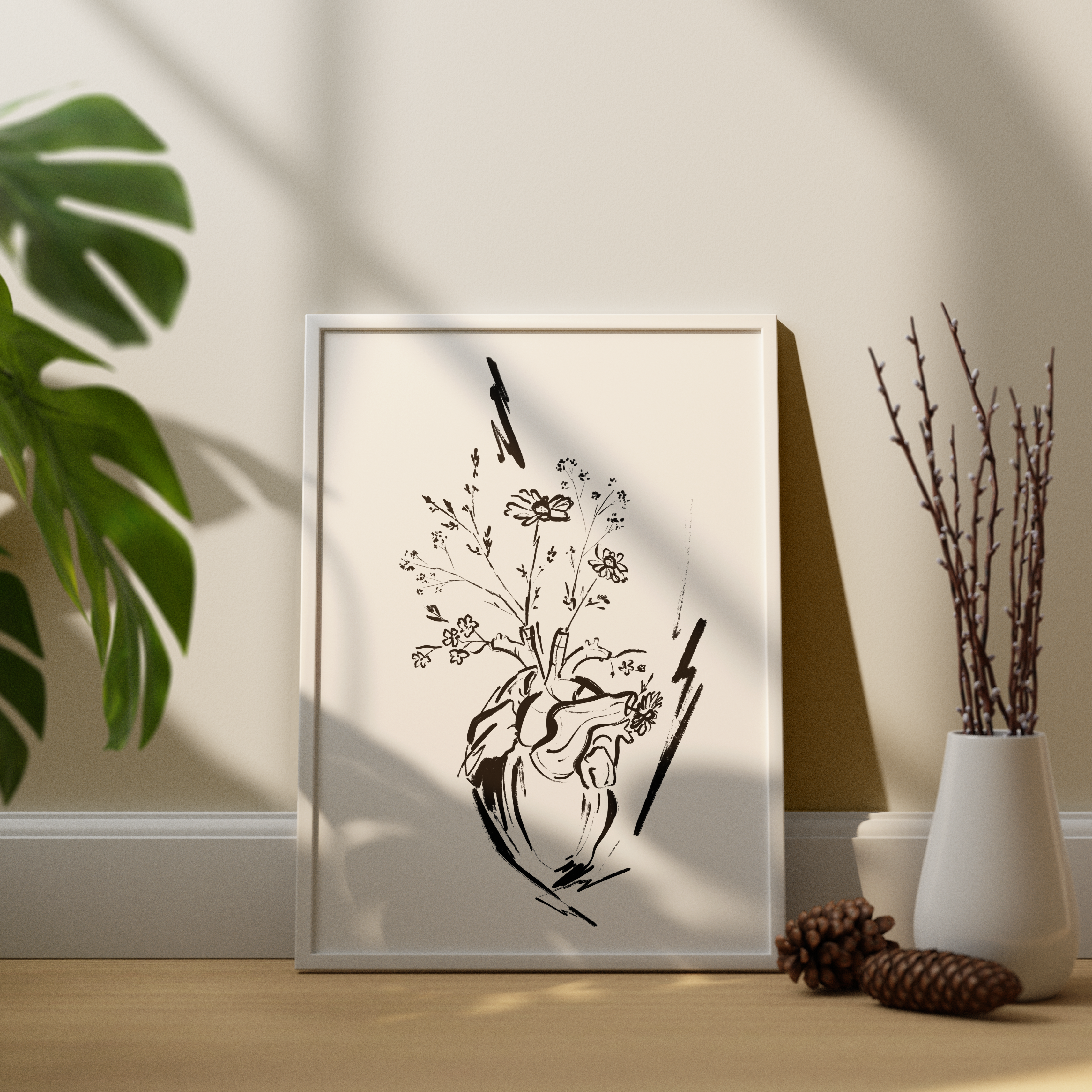 White canvas with simple black line drawing of flowers 