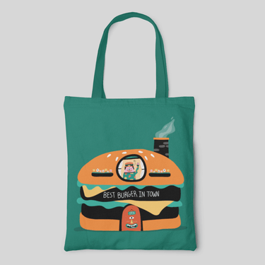 cartoon designed green tote bag with burger looking restaurant illustration, front side