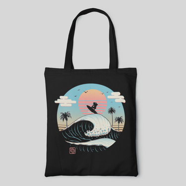 Black designed tote bag mixed with Ukiyo-e and retro style with a man surfing in the sunset, front side