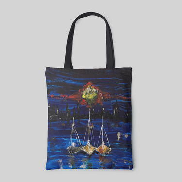 deep blue designed tote bag with acrylic painting of Bahrain landscape, sunset and boats on the sea, front side
