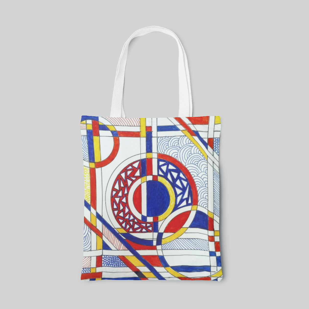 abstract designed tote bag with black straight lines and circles, filled with red, yellow and blur colours and patterns, front side