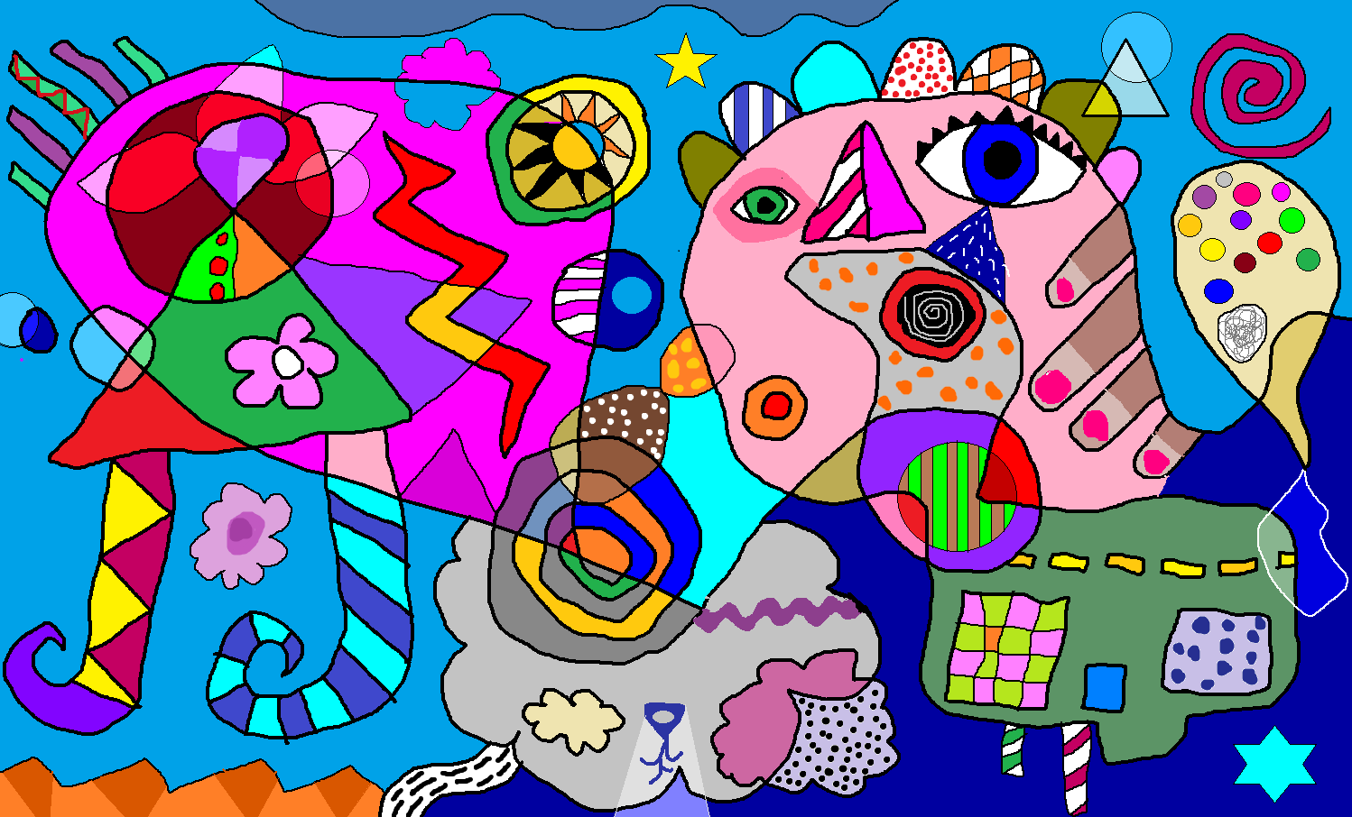 Abstract canvas with bold colors and different solid shapes