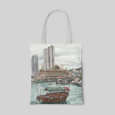 designed tote bag with watercolour of Aberdeen South Typhoon Shelter landscape, including Jumbo floating restaurant, front side