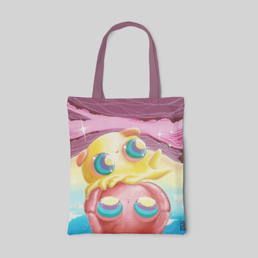 colourful lowbrow designed tote bag with two cartoon Opisthoteuthis depressa reaching the upside-down pink ground, front side