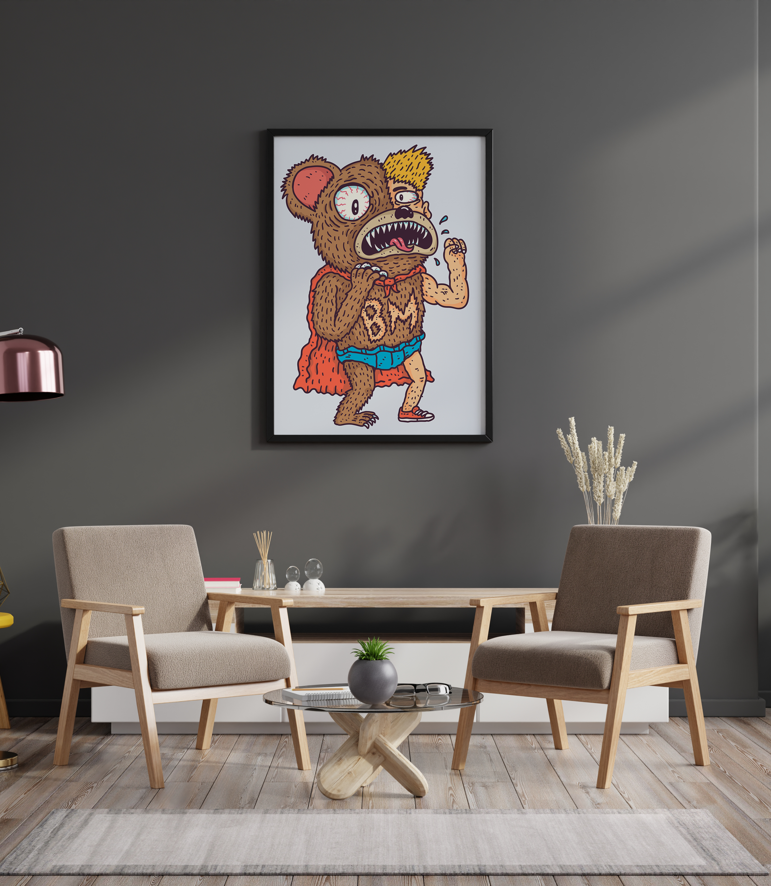Abstract cartoon style bear infused with man illustration