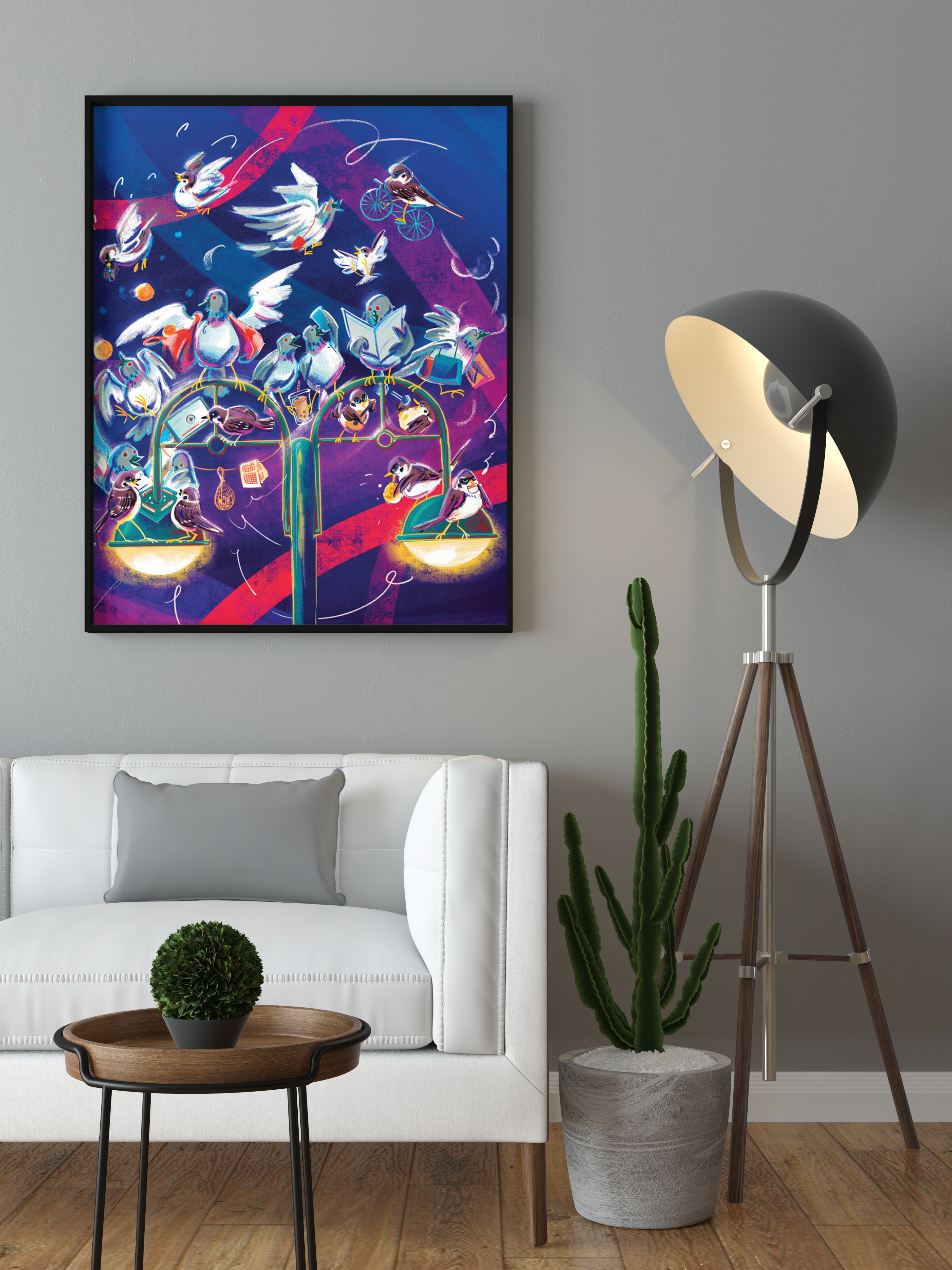 Blue themed canvas with multiple blue birds performing circus