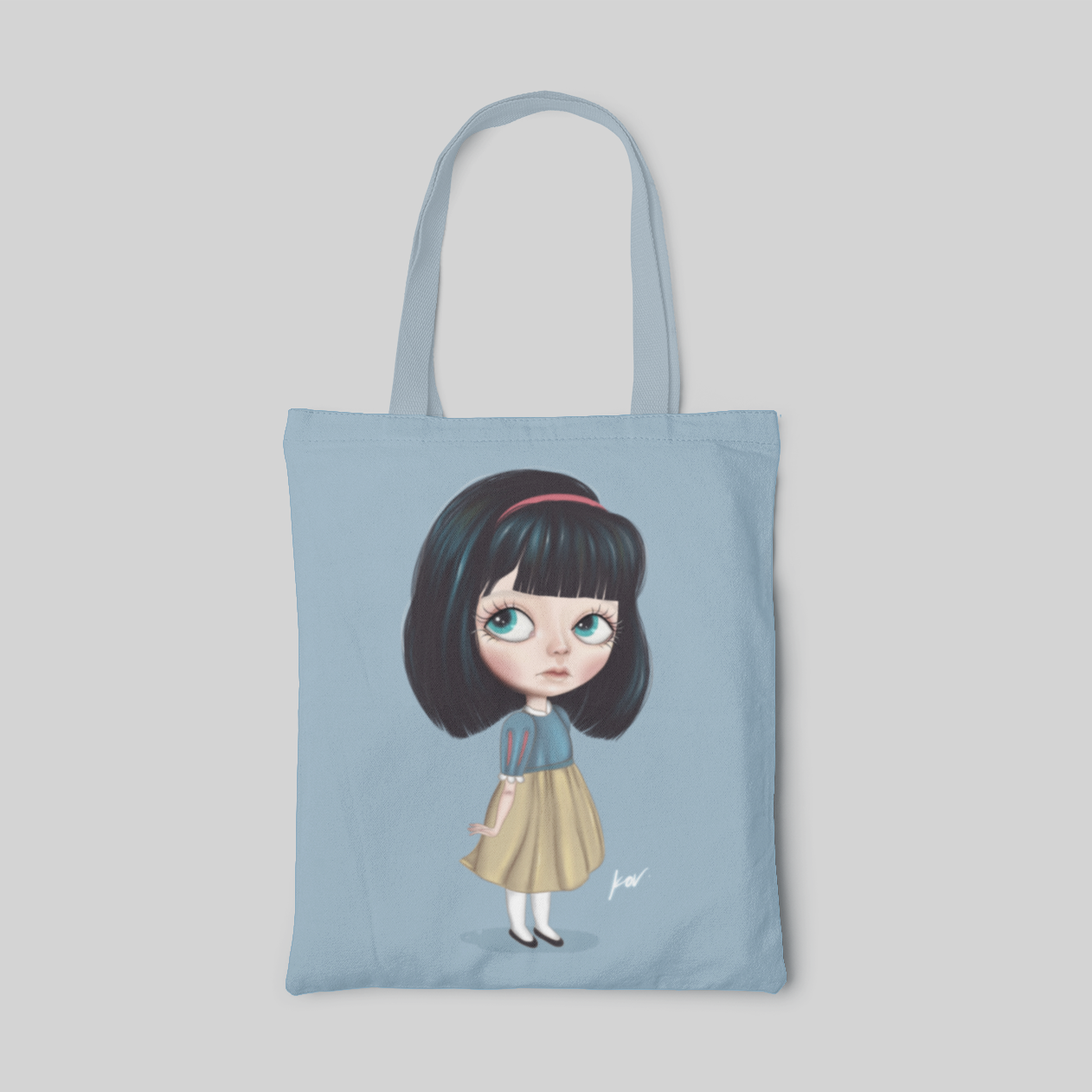blue cartoon designed tote bag with cool face Snow White, front side