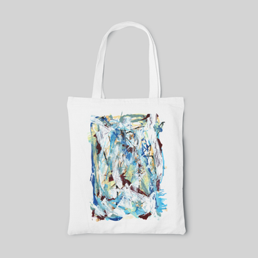 white abstract designed tote bag with blue, white, yellow and brown acrylic strokes, front side