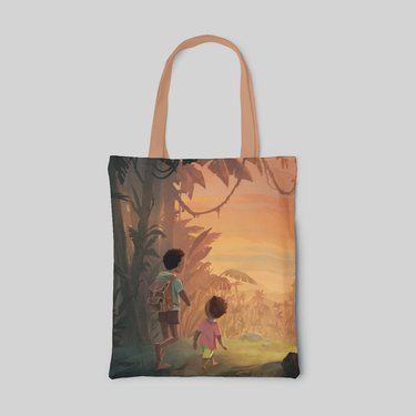 Cartoon designed tote bag with two young brothers leaving the dark jungle with orange sunset outside, front side
