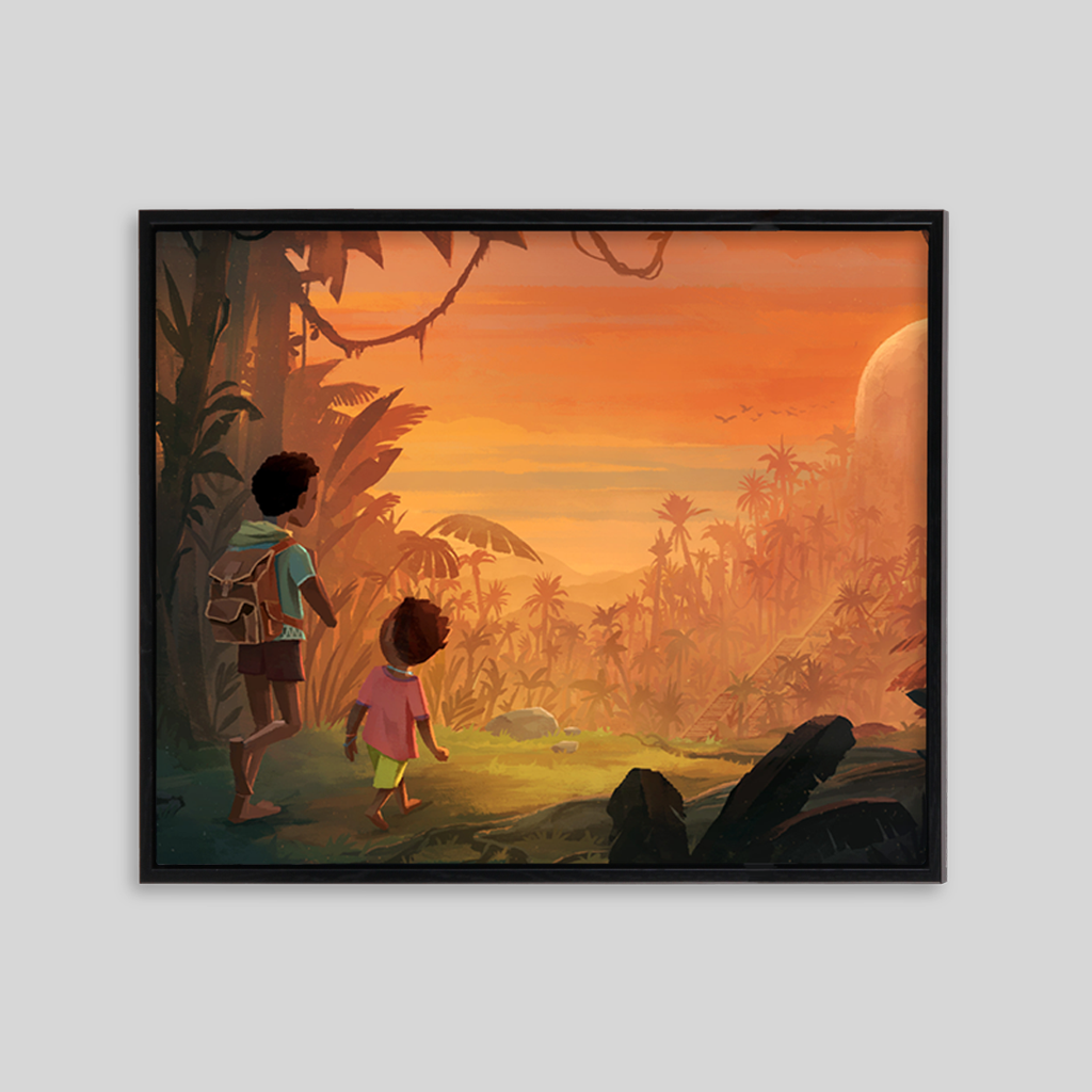 Two young brothers in jungle with orange sunset
