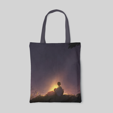 cartoon designed tote bag with two brothers sitting in front of bonfire at night, front side