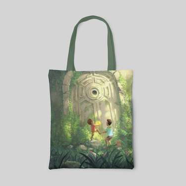 Green theme tote bag with two brothers in jungle in front of stone wall