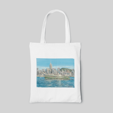 watercolour designed white tote bag with a ferry crossing the Victoria Harbour in Hong Kong, front side
