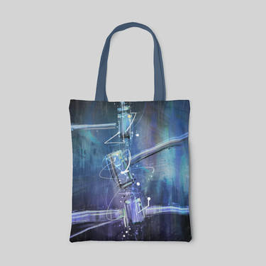abstract designed deep blue tote bag with the idea of protocols and data, front side