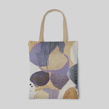 abstract designed tote bag with beige purple and white shapes and lines, front side