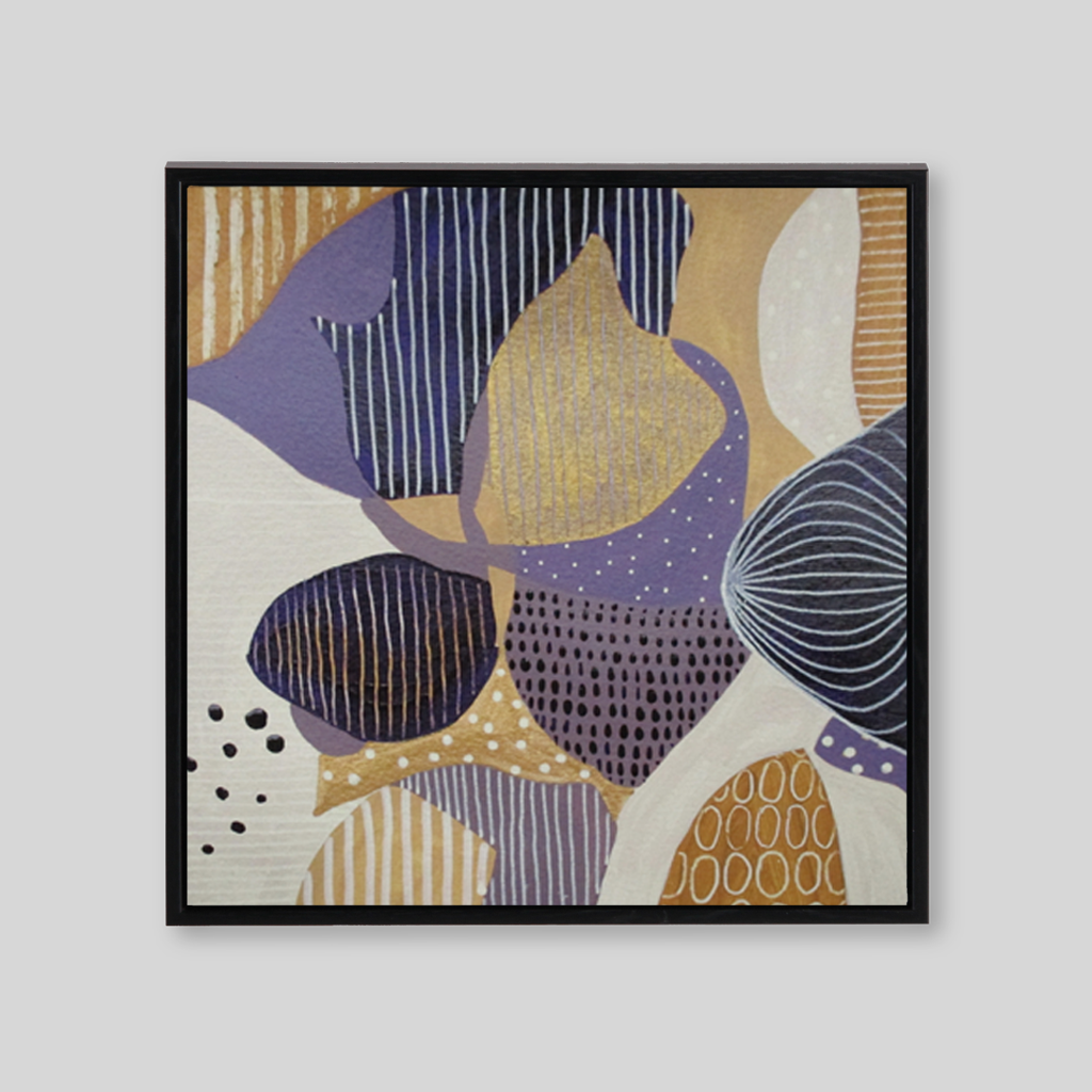 Beige purple and white abstract art with shapes dots and lines