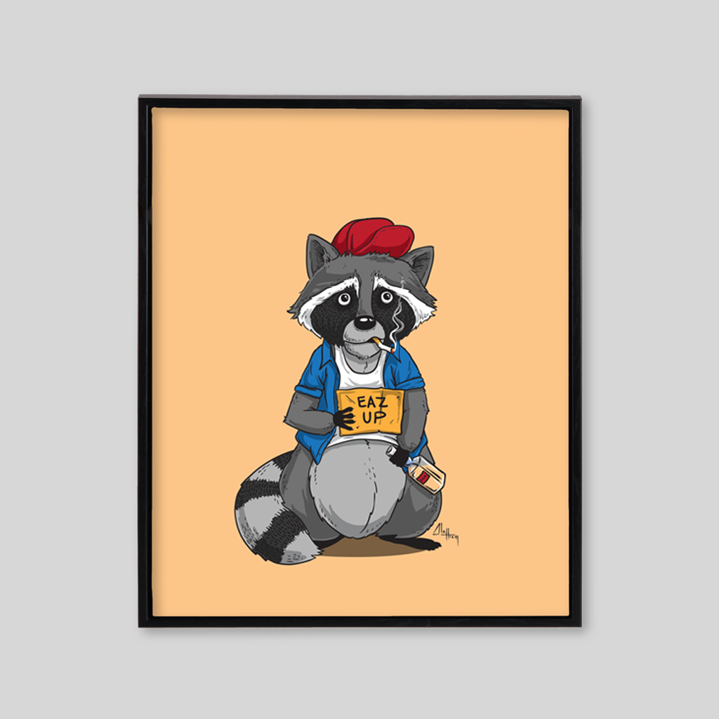 Cartoon clothed raccoon on orange background 
